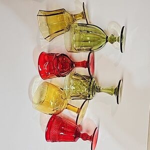 S/6 Vintage Retro Merry Mixture Jewel Tone Red Green Gold Glass Water Goblets